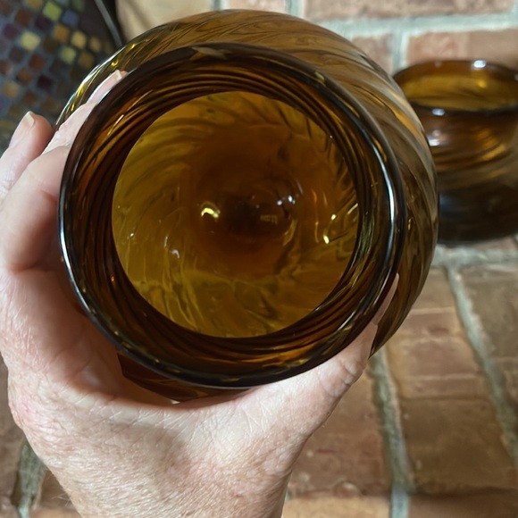 Vtg Hand Blown Amber Optic Swirl Glass Vase Trinket Bowl Set of 2 - Picture 6 of 11